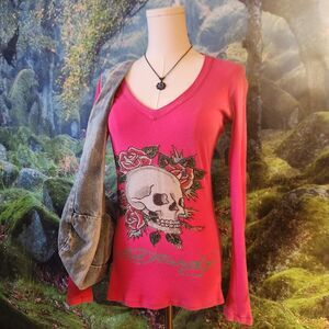 Y2k Ed Hardy Rhinestone Skull Rose Pink Top Size Medium Long Sleeve